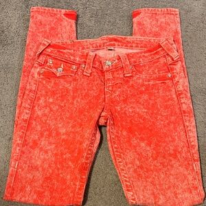 True Religion Red Acid Wash Straight Leg Jeans